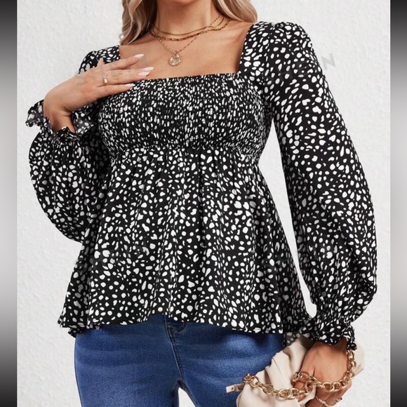 Maternity Allover Print Square Neck Flounce Sleeve Peplum Blouse - Picture 5 of 5